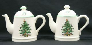 Spode Christmas Tree Salt & Pepper Shaker Teapot Shape Made In England