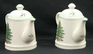 Spode Christmas Tree Salt & Pepper Shaker Teapot shape Made in ENGLAND 5