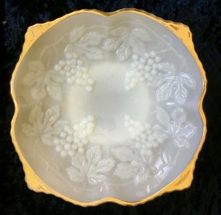 Collectable Vintage White Milk Glass Bowl - Grapes Pattern - Gold Trim