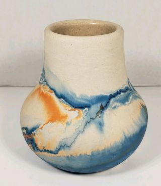 Vintage Nemadji Pottery Usa Swirl Vase 5 " Vibrant Orange Blue Indian Head Stamp