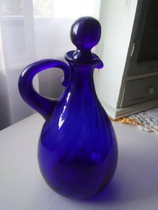 Vintage Swirl Cobalt Blue Hand Blown Art Glass Oil/ Vinegar Cruet