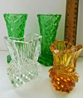 4 Small Vintage Cut Glass Posy Vases 2 Thistle Shape & Pair Bright Green