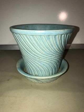 Vintage Mccoy Blue Spiral Flower Pot W/ Water Base Bowl