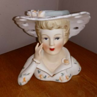 Vintage Lefton Lady Head Vase Blue And White Brimmed Hat With Roses - 3140b