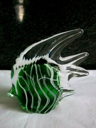 Large Murano Glass Angel Fish Ornament Green With White Inclusions