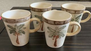 Set Of (4) West Palm By Home Trends Coffee Mugs Palm Tree Bamboo Border