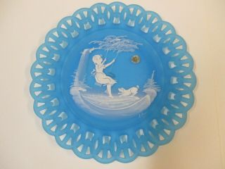 1975 Westmoreland Mary Gregory Blue Glass Plate Girl With Dog Sticker