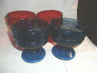 Set Of 4 Viking Glass Stemmed Dessert Dish Georgian Blue & Red Honeycomb Pattern