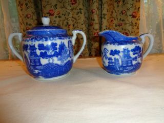 Vintage Y.  S.  China “blue Willow” Pattern Sugar Bowl & Creamer - Made In Japan