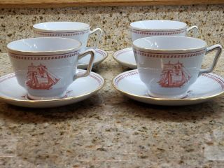 Red Copeland Spode England Trade Winds London Shape Cups And Saucers Set Of 4