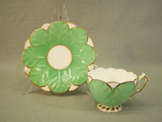 Vintage Porcelain Cup & Saucer Lettuce Leaves White Green Gold Hand Painted
