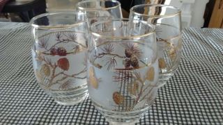 Set Of 4 Vintage Libbey Frosted Gold Leaf Pine Cone Glass Tumbler 4 1/2 " Tall