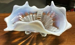 Vintage White Opalescent Glass 3 - Footed Ruffled Candy Dish - Cambridge?
