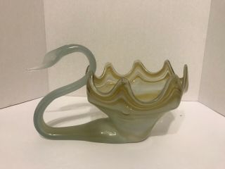 Vintage Hand Blown Art Glass Green Swan Swirled Murano Style Dish Bowl