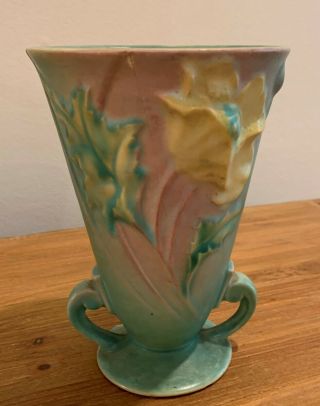 Vintage Roseville Art Pottery Vase Pink,  Green,  And Yellow Flowers And Leaves