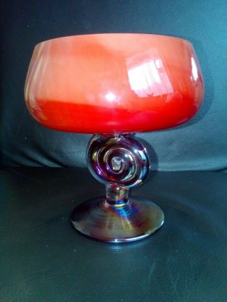 Collectible Art Glass Pedestal Bowl White Cased / Orange / Iridescent