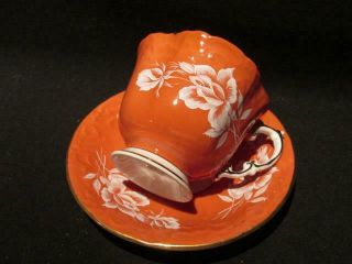 Aynsley Footed Square Shaped Cup & Saucer Coral With White Roses