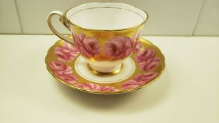 Htf Royal Chelsea Heavy Gold Bone China Cup & Saucer Cabbage Pink Roses