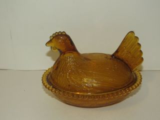 Vintage Amber Glass Hen Chicken On A Nest Covered Dish