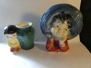 2 Vintage Royal Copley Asian Oriental China Girls Wall Pocket Planters Vases