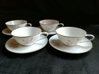 Vintage Noritake Roseville China Cups And Saucers Pink Rose 1961 - 73
