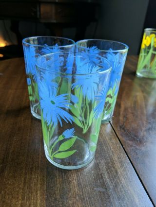 Vintage Retro Kraft Swanky Swigs Short Juice Glasses Blue Flowers Set Of 3