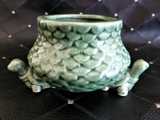 Vintage Turtle Footed Planter Green Scalloped Pattern Exc Cond