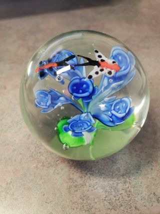 Vintage Blown Glass Paperweight Blue Flower With Two Butterflies 2.  75 "