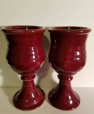 Set Of 2 Deneen Pottery Wine Goblets Glasses Handmade Stoneware Red 7 3/4 " Tall