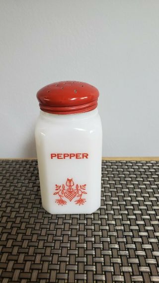 Vintage Milk Glass Pepper Shaker With Red Metal Lid