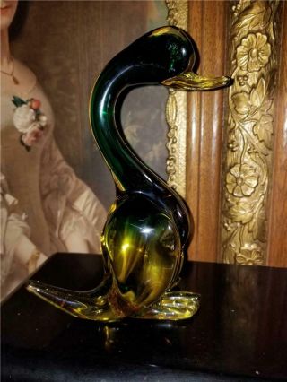Vintage 1960s Mid - Century 8 " Murano Italian Art Glass Duck Green Amber Gold