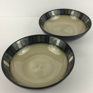 Set Of 2 Soup Cereal Bowls 7 3/4 " By Sonoma Home Vallejo Blue Block Border