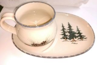 Home & Garden Party Stoneware Soup Mug Snack Plate Tray 2005 Trees Pine Cones
