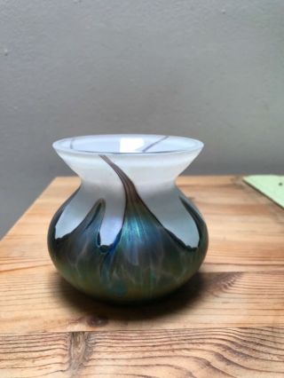 Heron Glass Squat Vase In White With Iridescent Green Flame Pattern
