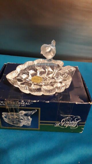 Vintage Cristal D’arques Crystal Fern Leaf Fougere Oiseau Dish With Bird Boxed