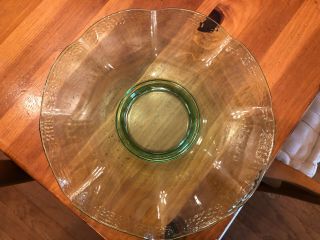 Large Green Vaseline Depression Glass Bowl Compote With Scalloped Textured Edge