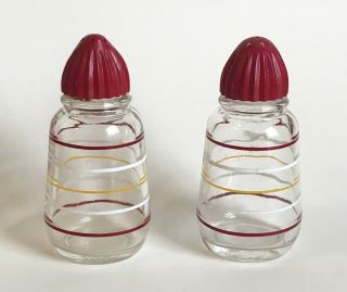 Vintage Anchor Hocking Salt And Pepper Shakers,  Red,  Yellow,  White Bands
