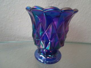 Imperial Glass Blue Carnival Glass Toothpick Holder Diamond Pattern With Label
