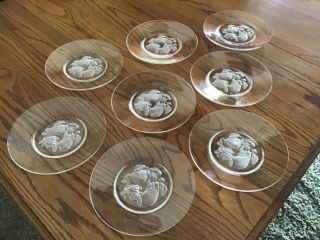 Val St Lambert 8 In.  Dessert Plates,  Signed,  Etched With Fruit Design