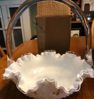 Vintage Fenton White Milk Glass Silvercrest 6 ¾” Ruffled Crystal Handled Basket