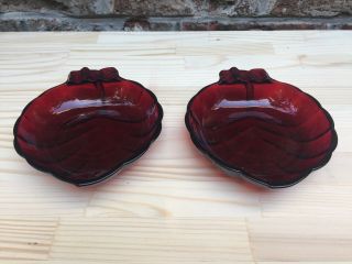 2 Anchor Hocking Royal Ruby Red Depression Glass Leaf Shaped Ashtrays Dishes