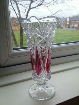 Vintage Anna Hutte Bleikristall Crystal Burgundy And Clear Glass Footed Bud Vase