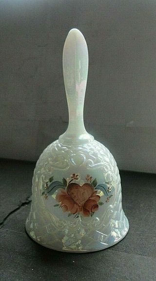 Fenton White Opalescent Heart Rose Flower Bell Hand Painted & Signed C.  Smith