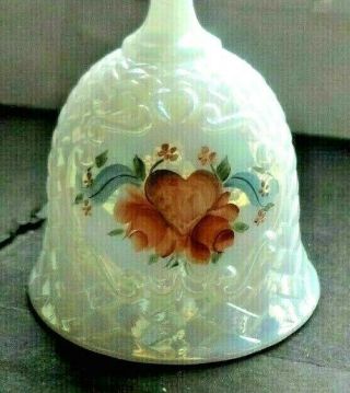 FENTON WHITE OPALESCENT HEART ROSE FLOWER BELL HAND PAINTED & SIGNED C.  SMITH 3