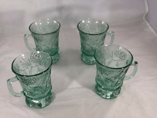 Tiara Indiana Glass 4 Spearmint Green Ponderosa Pine 9 Ounce Footed Cups Mugs