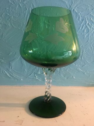 Vintage Large Green Empoli Italian Glass Diamond Optic Brandy Snifter Twist Stem
