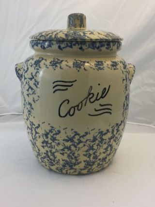 Robinson Ransbottom Blue Spongeware Cookie Jar With Lid Roseville Oh Usa