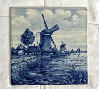 Delft Blauw Pottery Handpainted Large Windmill Country Vintage Tile Blue White