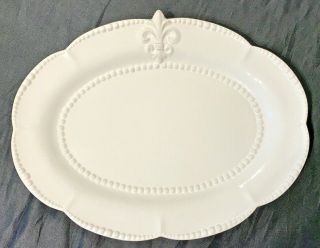 Fleur De Lis White 11 - 3/4 " Oval Platter W/beading Scalloped Rim " B " Logo Mark