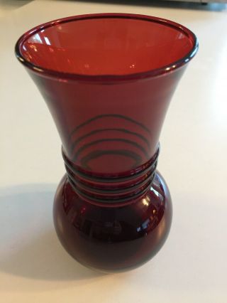 Ruby Red Glass Banded Hand Blown Vase 6.  5” Tall